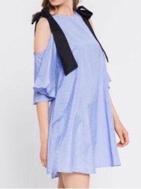 Blue Cold-Shoulder Bow Strap Mini Dress